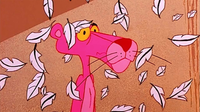 Cartoon showing the Pink Panther with feathers falling on his head